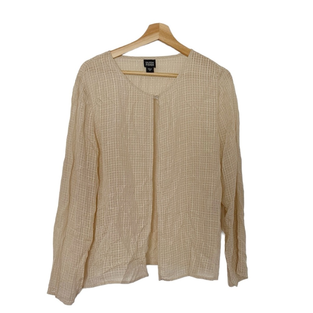 Eileen Fisher 100% Silk Tan Cream Cardigan Blouse Long Sleeve Sheer Size Medium